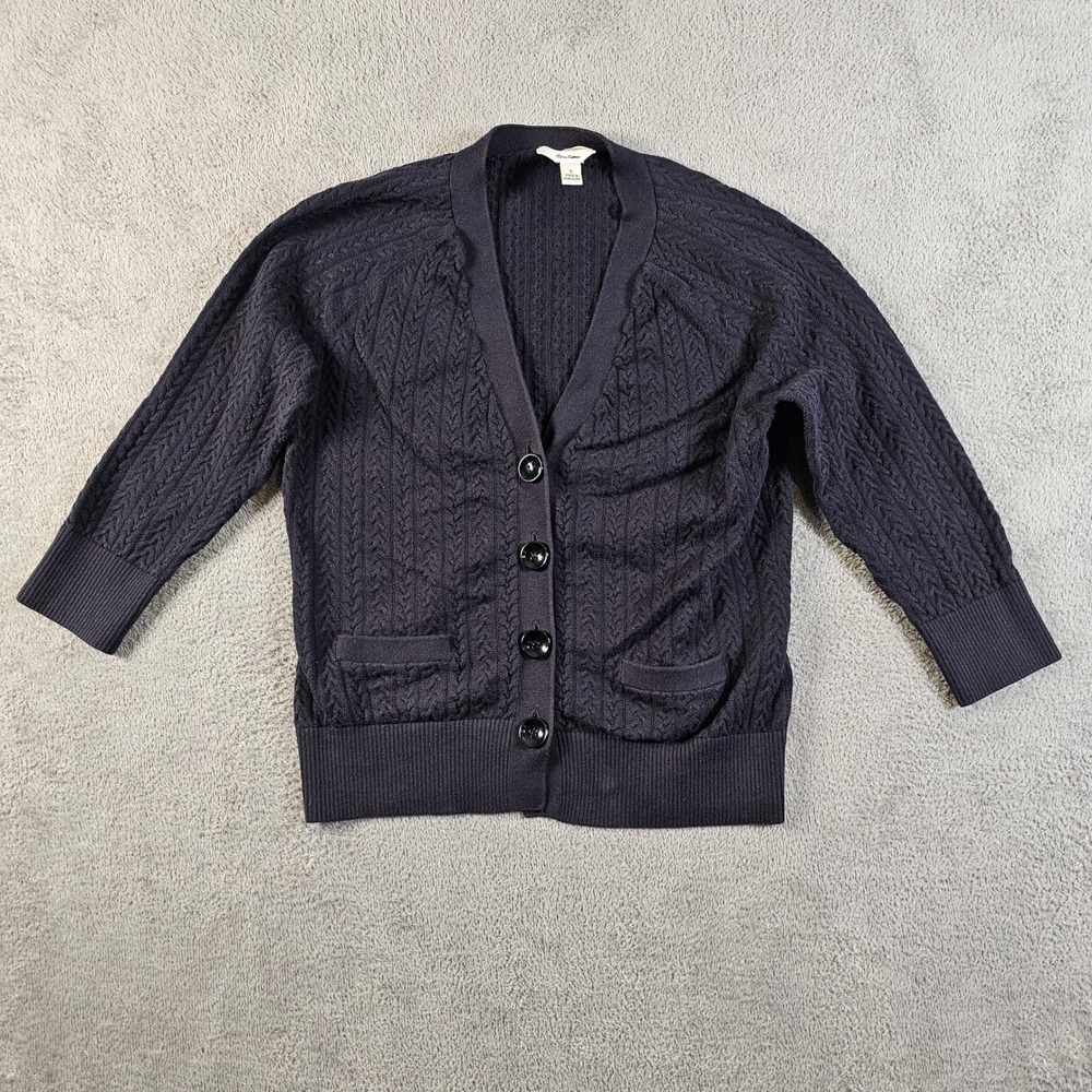 Talbots Navy Blue 100% Pima Cotton Cable Knit Button‎ Front Cardigan Sweater L